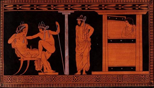 Erotische Szene zwischen männlichen Jugendlichen. Kolorierte Drucktafel nach einem attisch rotfigurigen Glockenkrater des Dinos-Malers, um 420 v. Chr., gefunden in Capua. Aus der Sammlung William Hamilton, heute British Museum.
